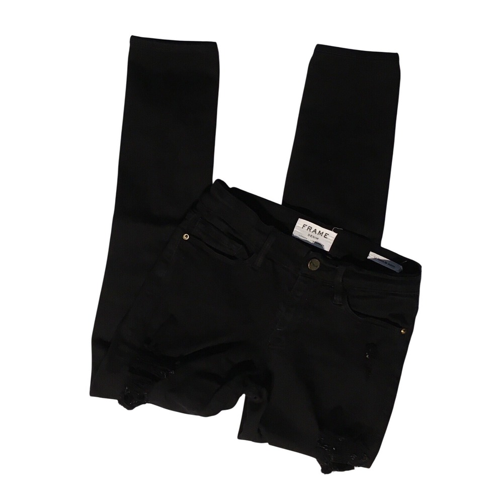 FRAME Denim Le Skinny de‎ Jeanne Black Distressed Ankle Jeans